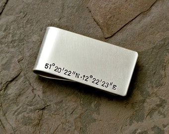 Latitude Longitude Sterling Silver Money Clip with Personalized Coordinates - Solid 925 MC061