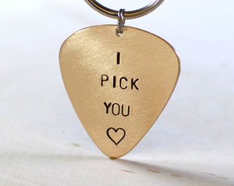 bronze keychain - bronze keyring - 8th anniversary gift - bronze guitar pick - i pick you guitar pick - bronze plectrum - valentines day
