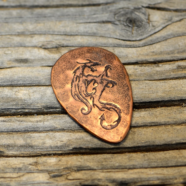 copper tear drop guitar pick with dragon - playable - NicisPicks