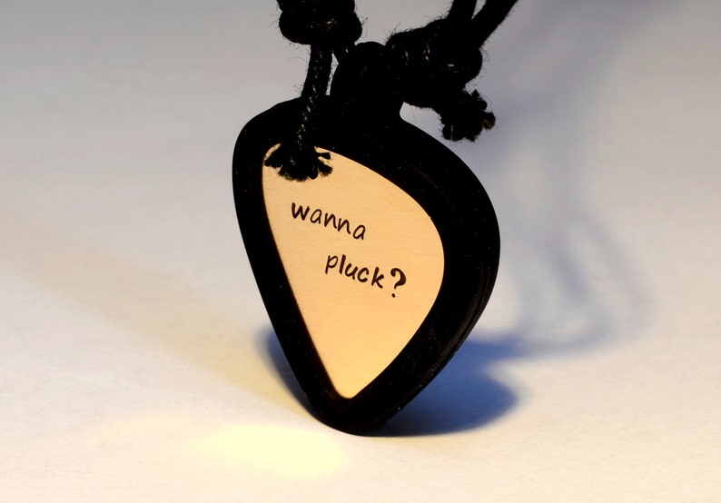 Guitar Pick Necklace Set, Guitar Pick Holder Necklace with Custom Brass Guitar Pick Rocking Out Wanna Pluck Black PB008 image 2