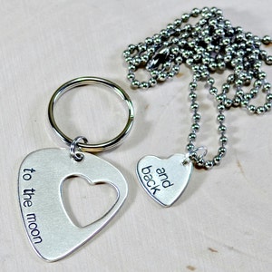 Guitar pick couples keychain and necklace with love to the moon and back in sterling silver - Solid 925 NL124