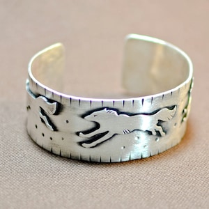 Sterling silver running wolves bracelet featuring artisian handcrafted wolves on wide silver cuff solid 925 BR065 image 1