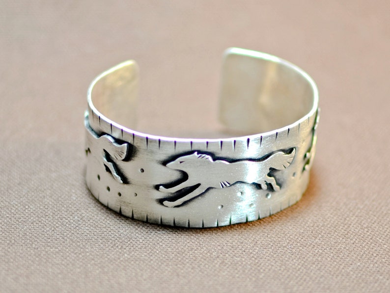 Sterling silver running wolves bracelet featuring artisian handcrafted wolves on wide silver cuff solid 925 BR065 image 1