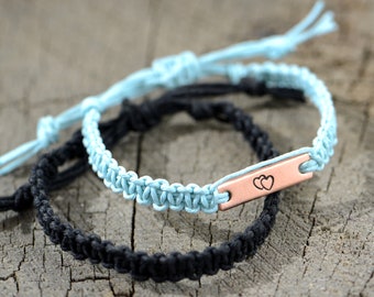 Couples Double Heart Copper Tag and Simple Hemp Bracelet or Anklet Combination