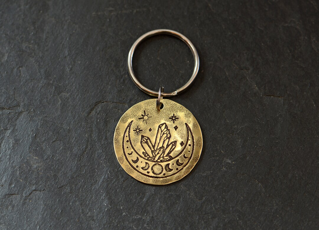 Brass Disc Key Ring With Half Moon - Moon Phases and Crystals on