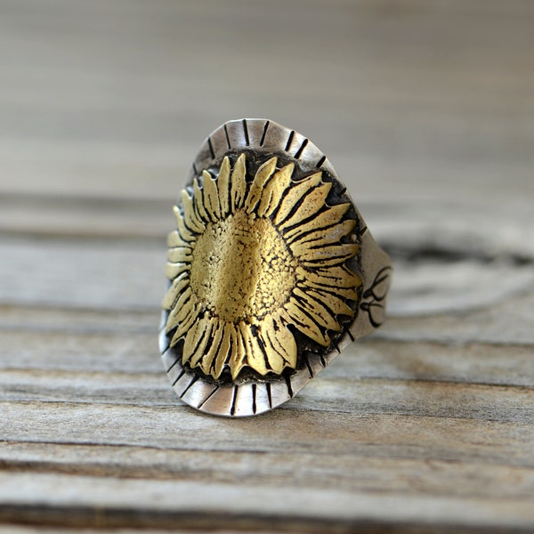 Sunflower ring made from sterling silver and brass - cigar band ring