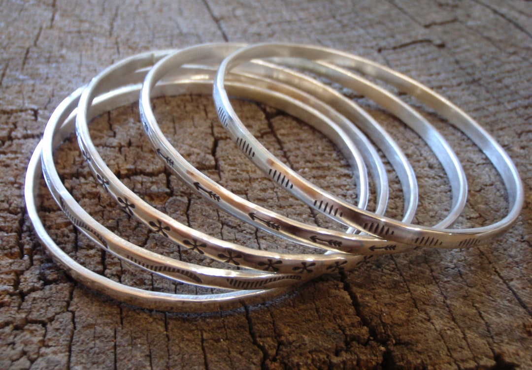 Sterling Silver Stacking Bangle Set With Hand Stamped Patterns - Etsy