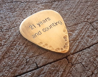 brass guitar pick - playable for 21st anniversary - brass anniversary - rustic brass guitar pick