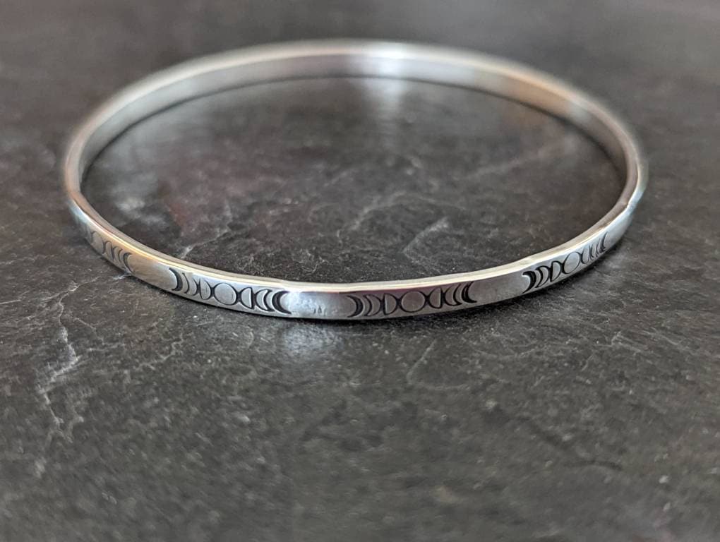 Dainty Sterling Silver Bangle With Moon Phases - Handmade and Hand