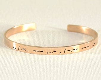bracelet manchette en bronze pour anniversaire en bronze - 8e ou 19e anniversaire - estampillé avec le code morse pour je t'aime