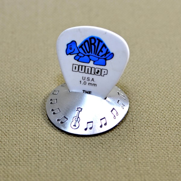 Aluminum guitar pick stand disc shaped with musical inspiration - GPS304