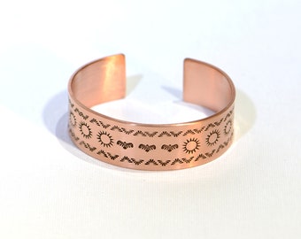 wide southwestern copper bracelet with hand stamped pattern