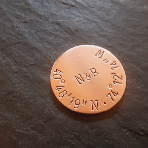 copper golf ball marker for 7th anniversary or copper anniversary with latitude and longitude for your special place and custom initials