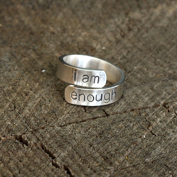 I am Enough Inspirational Message Ring in 925 Sterling Silver – Bypass Wrap Ring Design