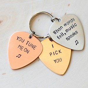 Three metal guitar pick keychain for you to personalize - Custom Mixed Metal Picks - KC100