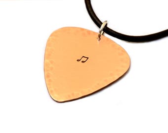 Copper Guitar Pick Necklace Rocking Out Hammered Texture and Music Note for the Serious Musician - NL307