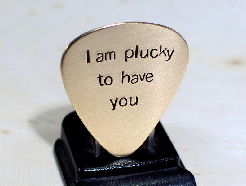 Bronze guitar pick Handstamped with I am plucky to have you GP667 image 3