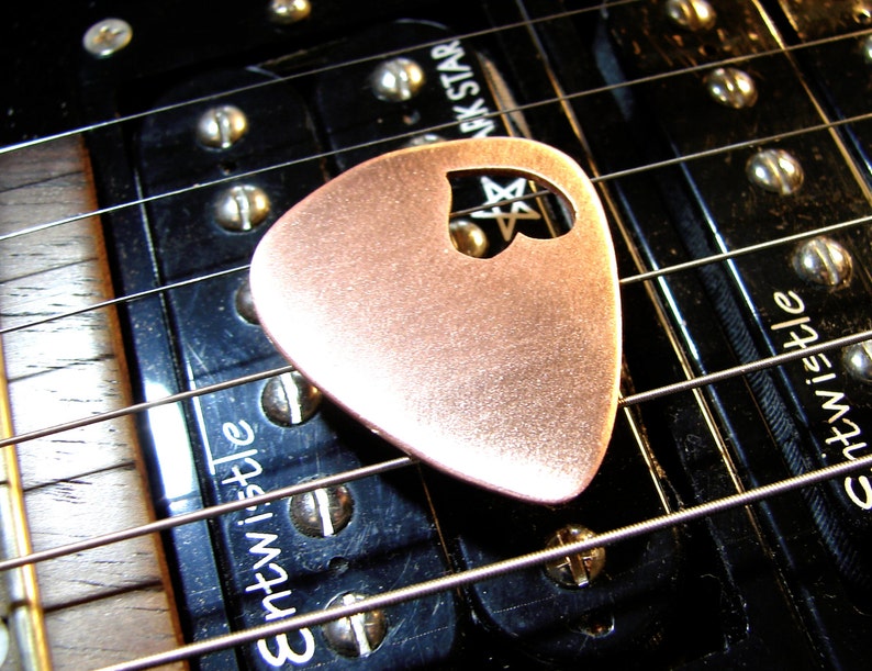 Love Guitar Pick in Copper with Heart Cut Out and Space to Personalize GP659 image 1