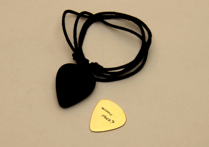 Guitar Pick Necklace Set, Guitar Pick Holder Necklace with Custom Brass Guitar Pick Rocking Out Wanna Pluck Black PB008 image 4