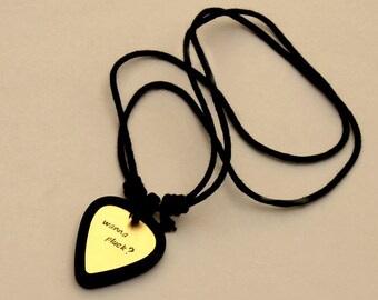 Guitar Pick Necklace Set, Guitar Pick Holder Necklace with Custom Brass Guitar Pick Rocking Out Wanna Pluck – Black - PB008