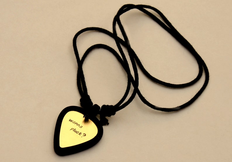 Guitar Pick Necklace Set, Guitar Pick Holder Necklace with Custom Brass Guitar Pick Rocking Out Wanna Pluck Black PB008 image 1
