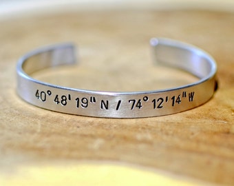 Latitude longitude aluminum cuff bracelet for you to personalize with your coordinates - BR555