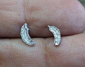 Tiny feather stud earrings handmade from sterling silver