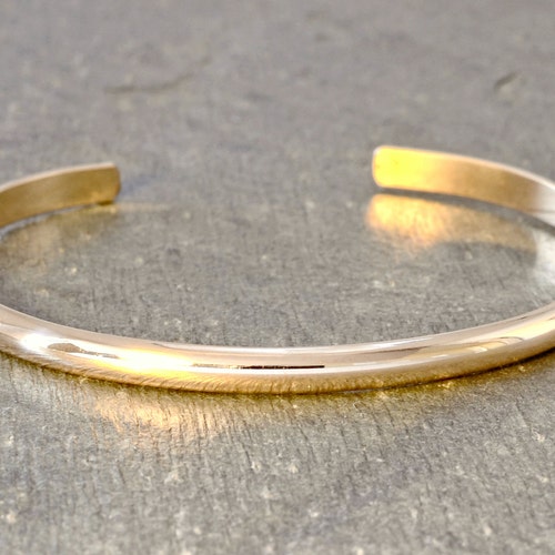 Dainty Solid 14k Gold Cuff Bracelet Half Round With Mirror Etsy