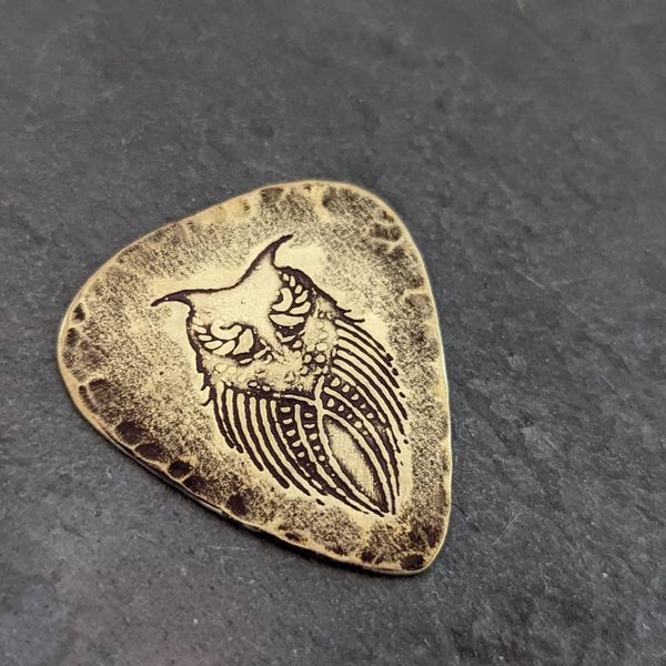 Brass guitar pick with owl - playable brass plectrum - NicisPicks - Halloween gift