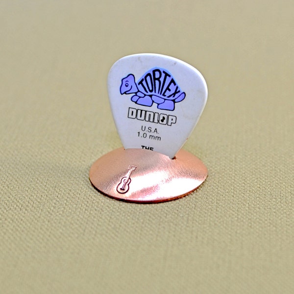 Guitar Pick Stand in Copper with Disc Shaping and Rocking Out a Guitar Stamp - Can be ordered in any metal with personalizations - PS405