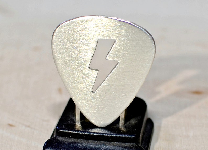 Lightning bolt sterling silver guitar pick can be personalized with engraving image 1