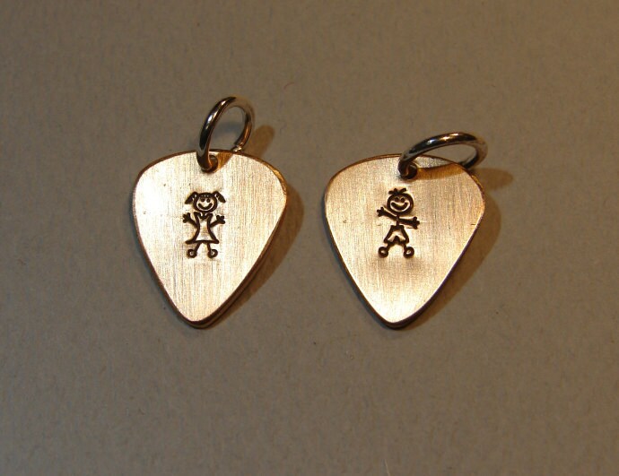 Guitar pick charm set handmade from bronze with boy and girl
