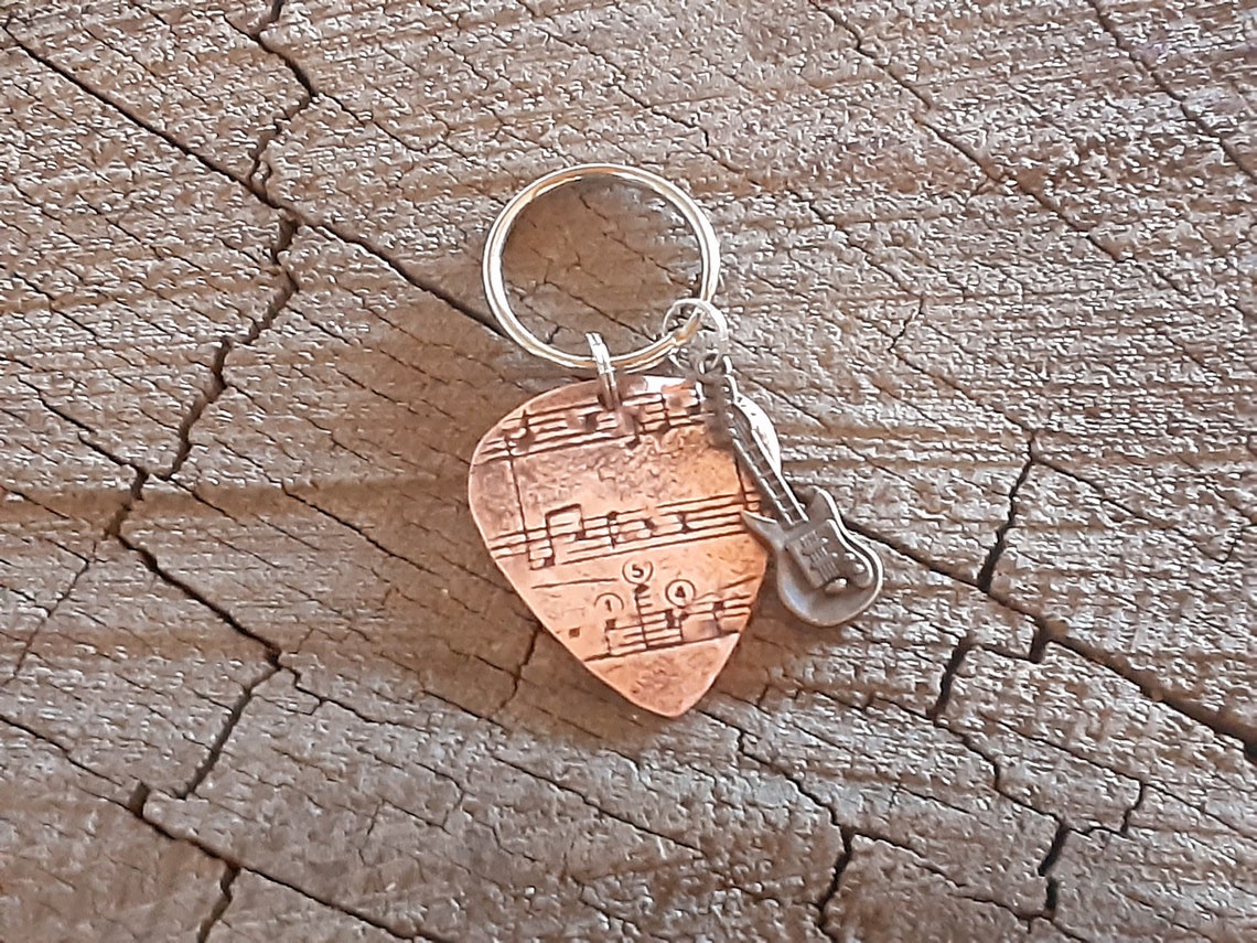 Copper Guitar Pick Keyring With Music Notes and Small Brass Etsy