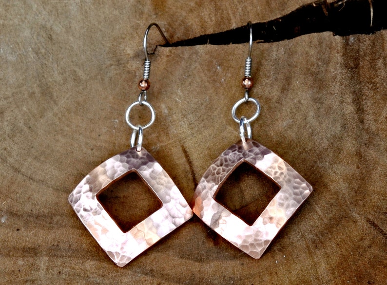square copper drop earrings with hammered texture and window cut out image 5