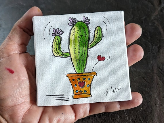 Mini Art painting with potted Saguaro " Karla " - stretched canvas painting - Original Art - Nursery art - wall art - Cactus painting