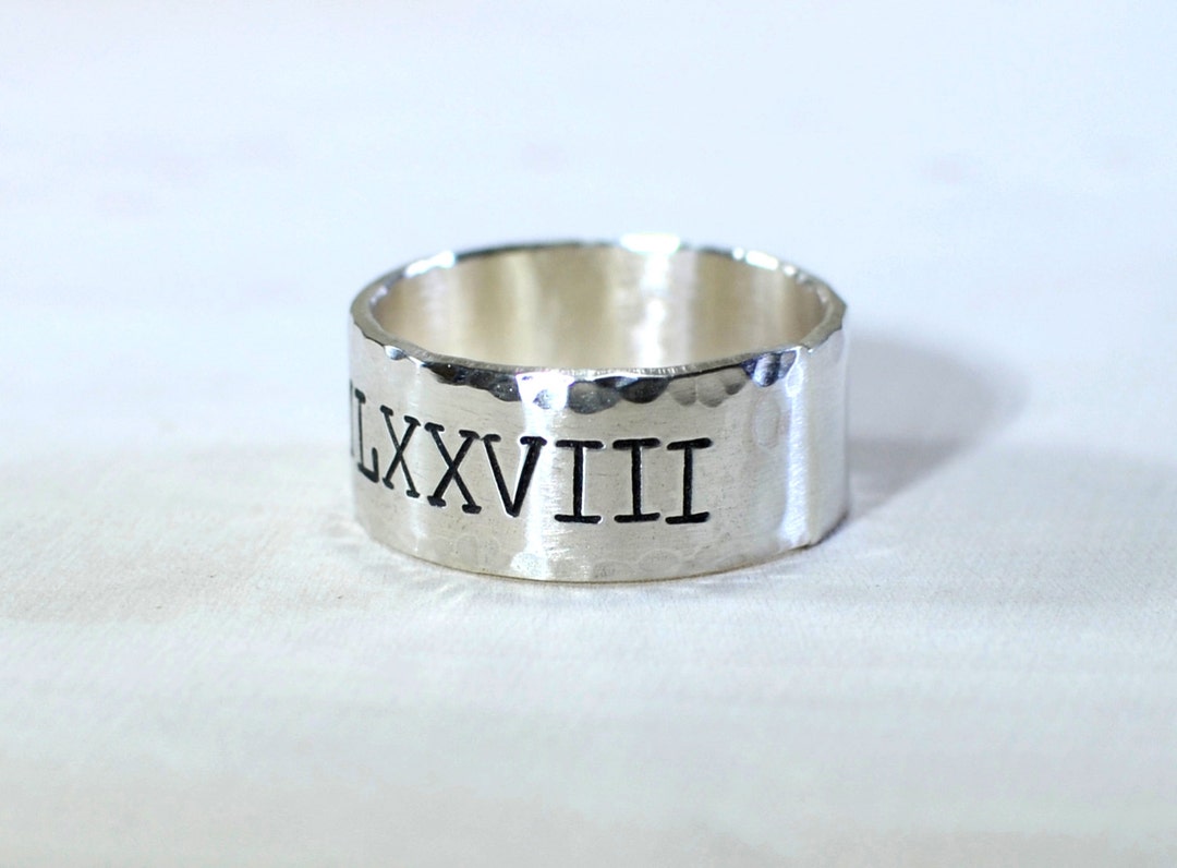 Roman Numeral Sterling Silver Ring With Hammered Borders and Brushed ...