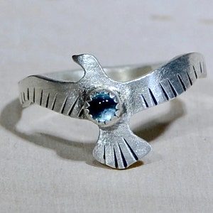 Silver Bird Ring with Swiss Blue Topaz - Artisan Statement Ring - Solid 925 RG899