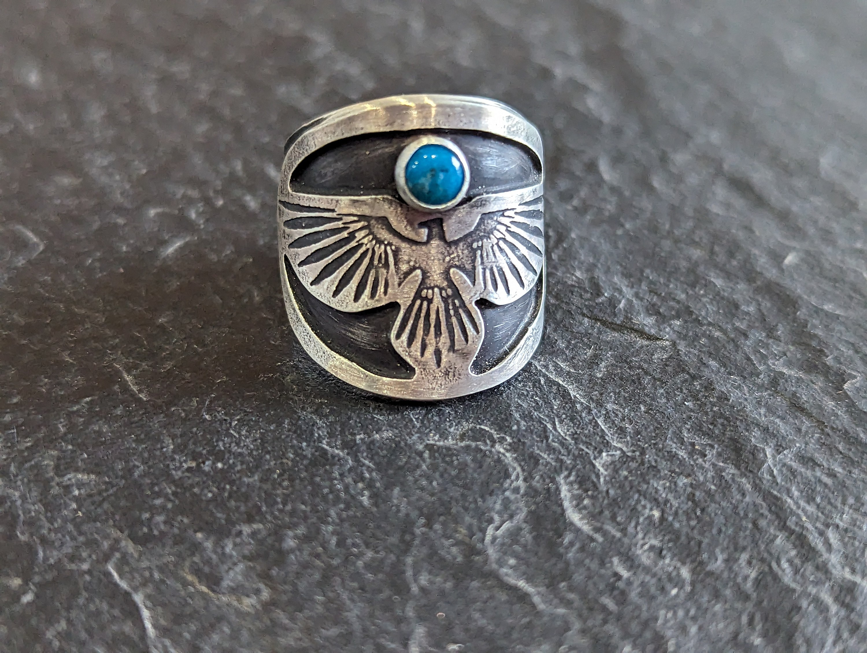 Sterling Silver Thunderbird Cigar Band Ring With Turquoise From