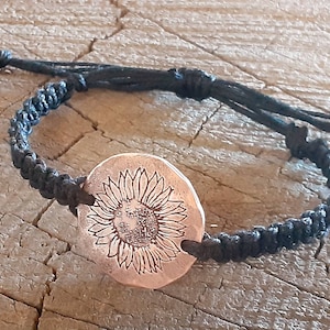 black hemp with copper sunflower button bracelet - woven adjustable hemp bracelet or anklet