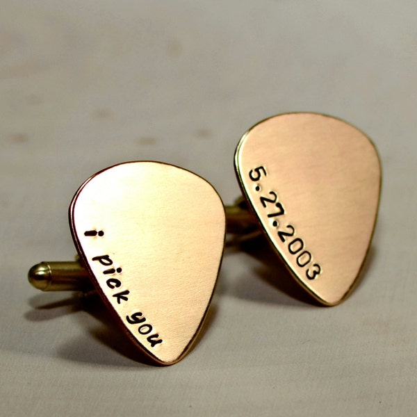 bronze guitar pick cuff links with your custom date for wedding or anniversary - bronze anniversary - 8 or 19th anniversary
