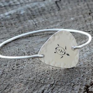 Sea Turtle Tension Bangle Rocking out a Hammered Sterling Silver Guitar Pick - TB1120183