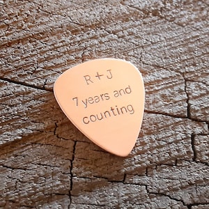 playable copper guitar pick with your initials and message 7th anniversary gift image 1