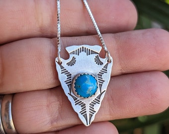 Sterling silver arrowhead charm necklace with Kingman Turquoise - hand stamped pattern