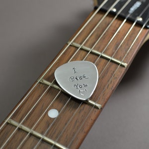 Small medium aluminum guitar pick with I pick you image 5