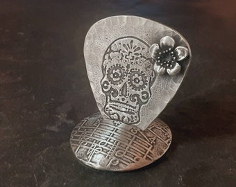 Sterling silver guitar pick with sugar skull and flower - with guitar pick stand - guitar pick holder - 3d flower on guitar pick - playable
