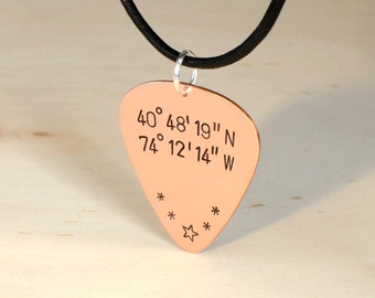 Latitude Longitude Personalized Coordinates Copper Guitar Pick Necklace -GP173