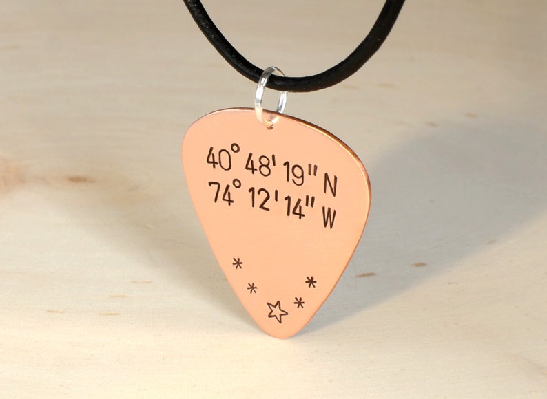 Latitude Longitude Personalized Coordinates Copper Guitar Pick Necklace GP173 image 1