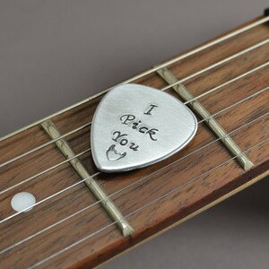 Small medium aluminum guitar pick with I pick you image 3