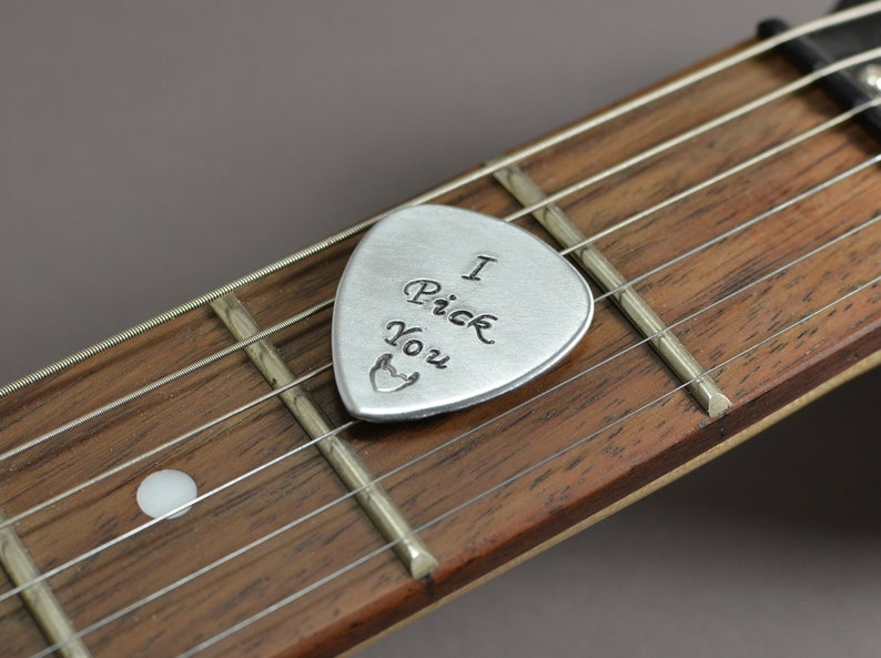 Small medium aluminum guitar pick with I pick you image 3