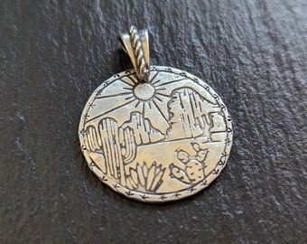 Sterling silver medallion with Southwestern theme - cactus and mountain landscape - Saguaro and Prickly Pear